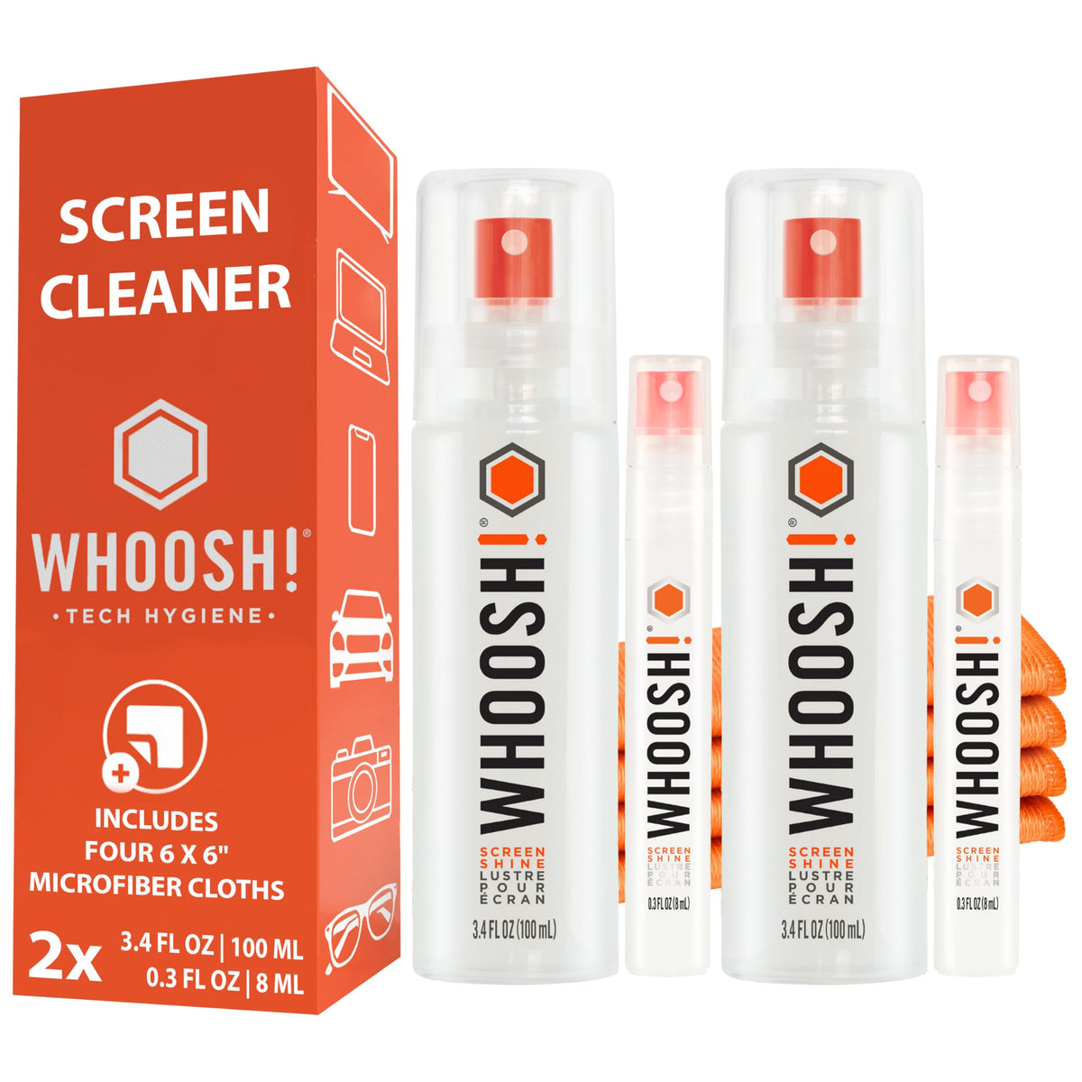 WHOOSH! Screen Shine Duo - Screen Cleaner Spray for iPad, Monitor, Laptop, MacBook - 3.4 oz & 0.3 oz Bottles with 2 Microfiber Cloths - Portable Electronic Cleaning Kit for Travel, Office, and Home