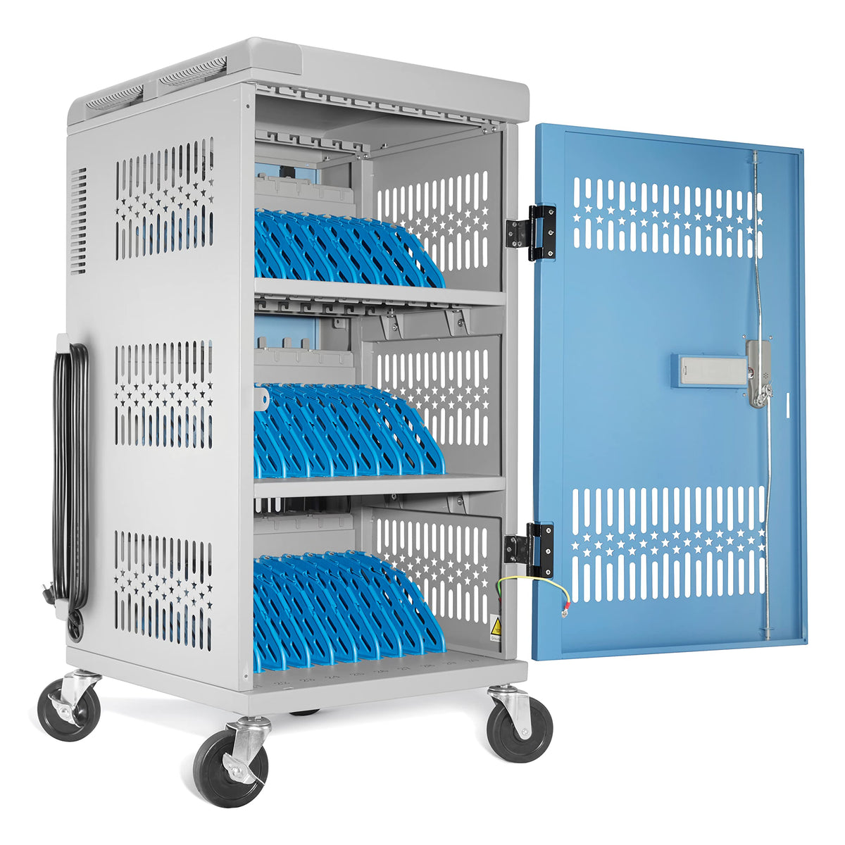 Fully Assembled 30 Bay Mobile Charging and Storage Cart for iPad, Chromebook and Laptop Computer with Keypad Lock,Up to 14-inch Screen Size,Surge Protection,Front & Back Access Locking Cabinet (Black)