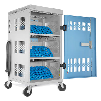 Fully Assembled 30 Bay Mobile Charging and Storage Cart for iPad, Chromebook and Laptop Computer with Keypad Lock,Up to 14-inch Screen Size,Surge Protection,Front & Back Access Locking Cabinet (Black)