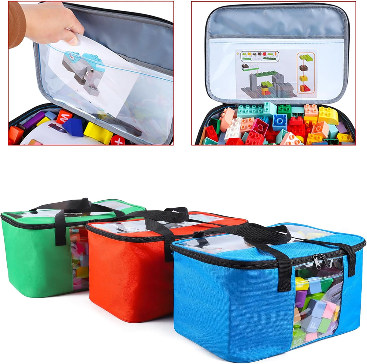 3 PCS Large Toy Storage bag Compatible with Lego Bricks, Travel Organizer Case With Labels, Handles & Pockets For Toy Organizing, Travel case for Building Blocks, Dolls, Puzzles Blocks & Board Games