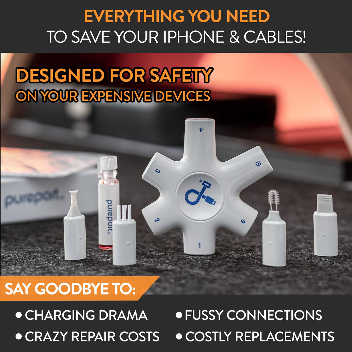 PurePort USB-C Multi-Tool Phone Cleaning Kit | Clean Repair & Restore Cell Phone Tablet & Laptop USB C Ports & Cables | Fix Unreliable & Bad Connections | Extend The Life of Your Tech Devices (Black)