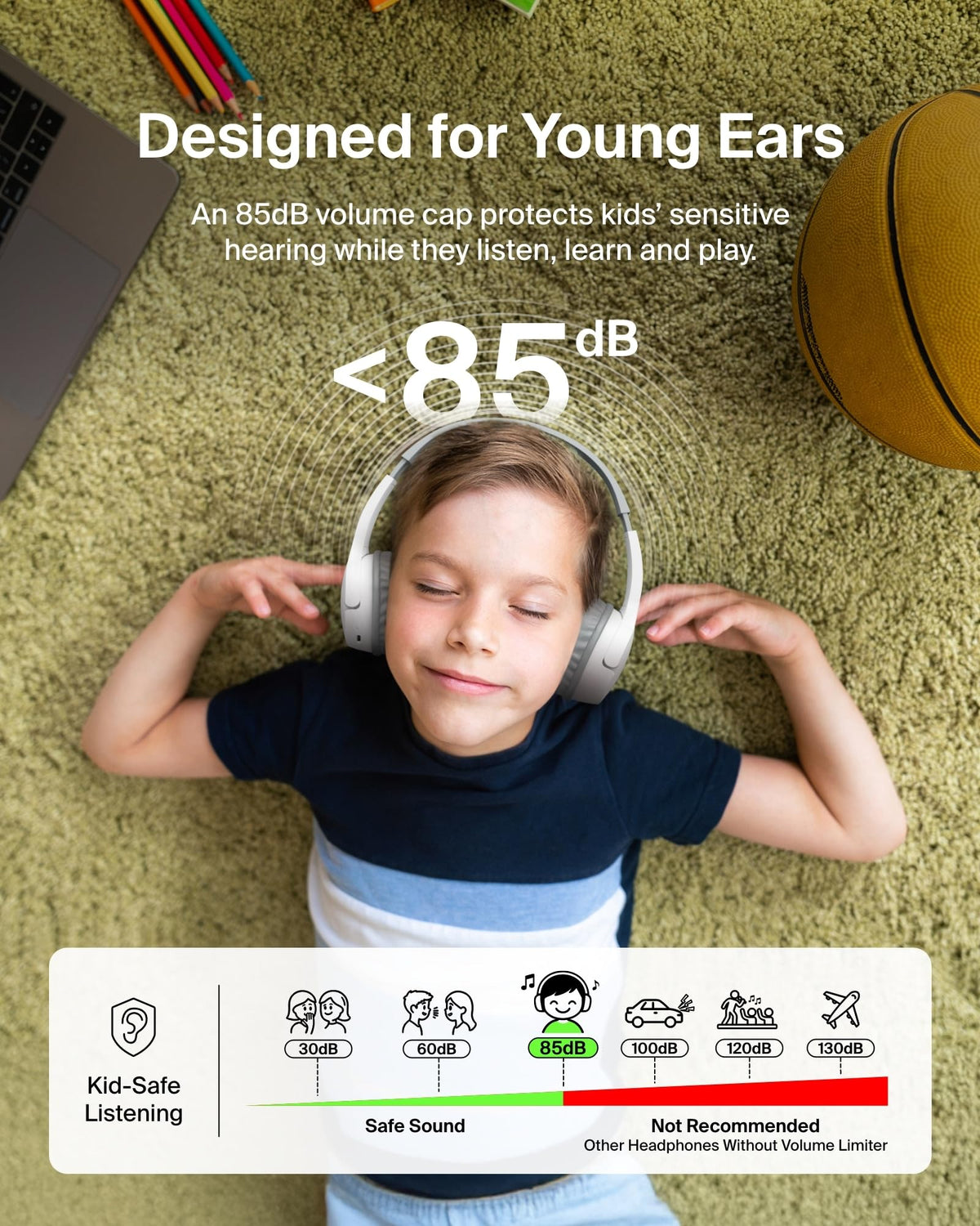 Belkin SoundForm Mini - Wireless Bluetooth Kids Headphones, 30H Battery, 85dB Safe Volume Limit, Built-in Microphone - Toddler On-Ear Earphones for iPhone, iPad - Ideal for School - Blue w/Case