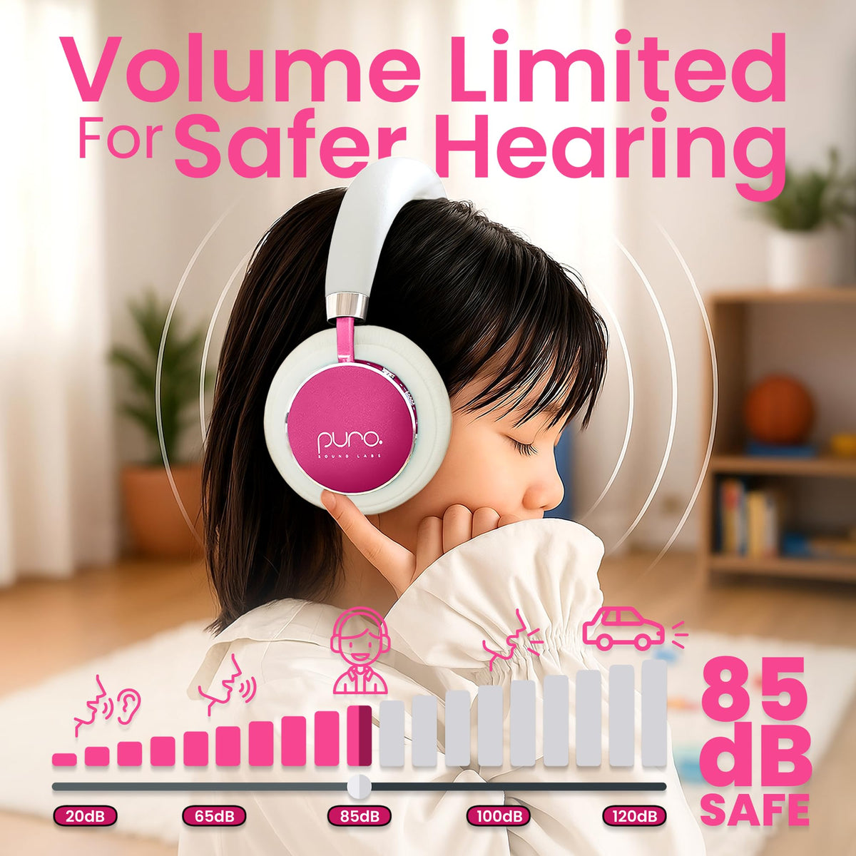 Puro Sound Labs Kids Wireless Headphones – Volume-Limiting 85dB, Built-in Mic, Studio-Grade Sound, 20-Hour Battery Life, Comfortable & Easy to Connect Kids Bluetooth Headphones – BT2200 Plus, Purple
