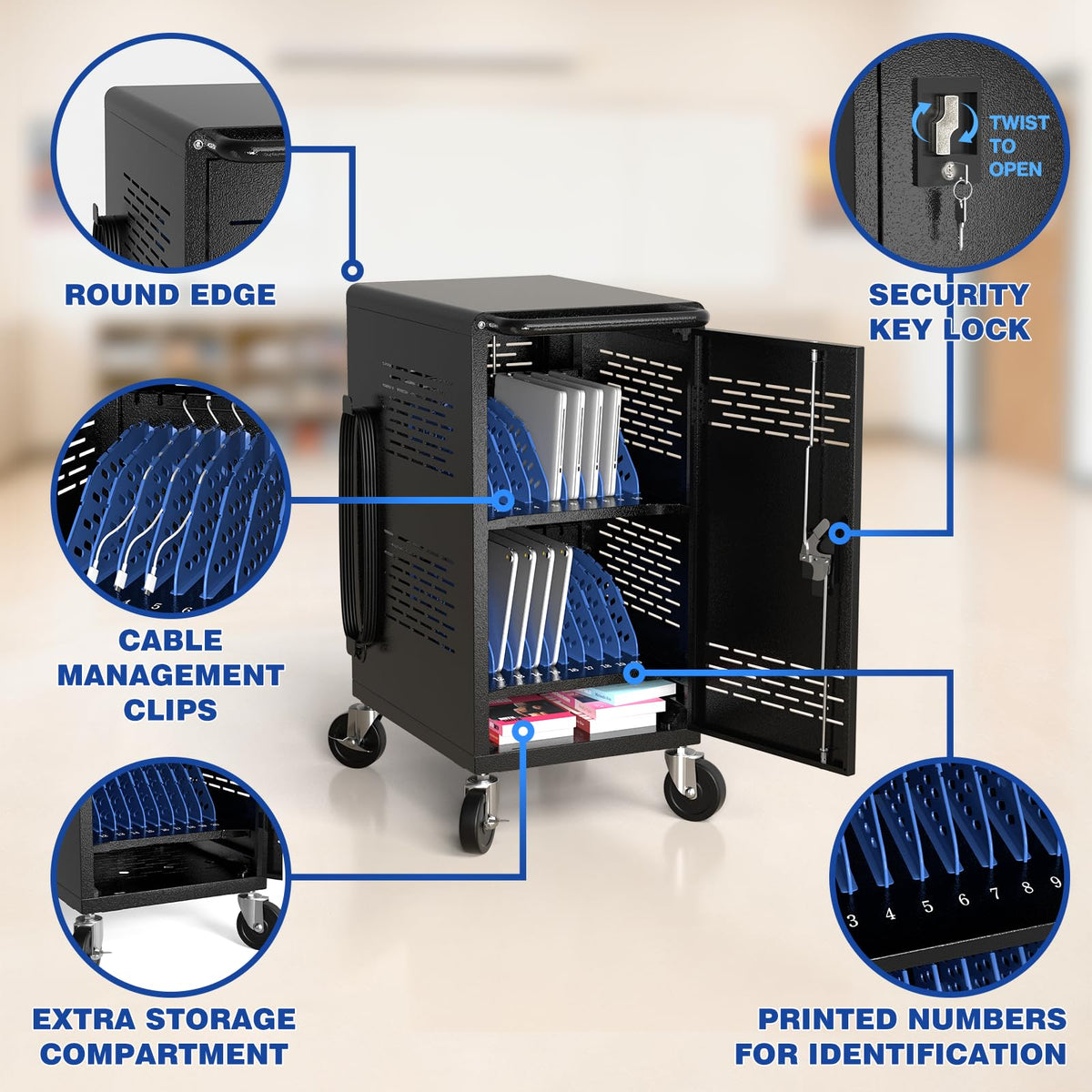 Fully Assembled 20 Devices Laptop Charging Cart - Tablet Storage Cart for Chromebook iPad, Mobile Laptop Charging Station for Classroom Office - Includes Cable Management & Detachable Door, Black