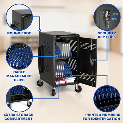 Fully Assembled 20 Devices Laptop Charging Cart - Tablet Storage Cart for Chromebook iPad, Mobile Laptop Charging Station for Classroom Office - Includes Cable Management & Detachable Door, Black