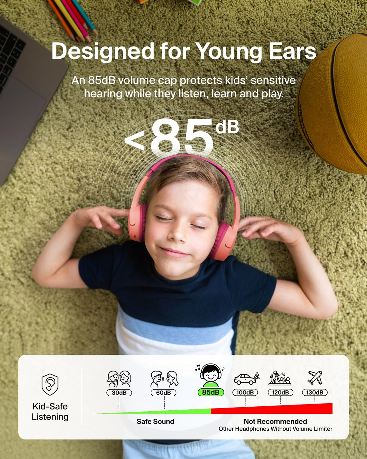 Belkin SoundForm Mini - Wireless Bluetooth Kids Headphones, 30H Battery, 85dB Safe Volume Limit, Built-in Microphone - Toddler On-Ear Earphones for iPhone, iPad - Ideal for School - Blue w/Case