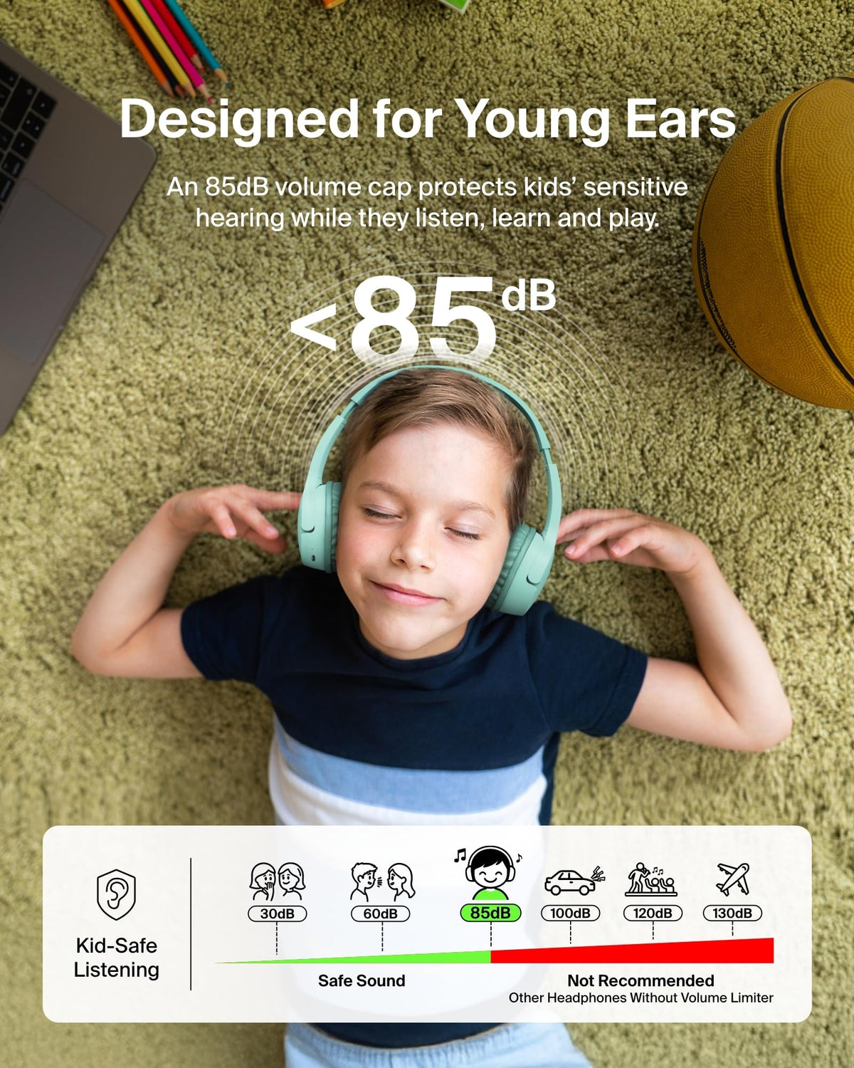 Belkin SoundForm Mini - Wireless Bluetooth Kids Headphones, 30H Battery, 85dB Safe Volume Limit, Built-in Microphone - Toddler On-Ear Earphones for iPhone, iPad - Ideal for School - Blue w/Case