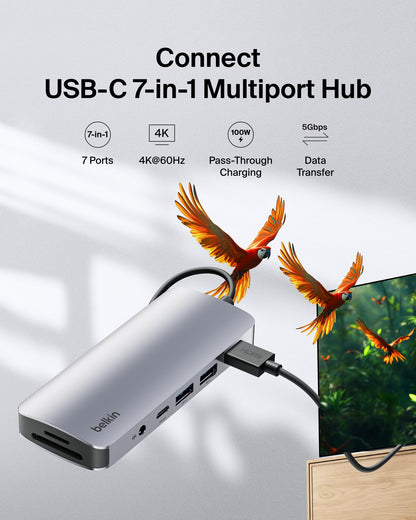 Belkin USB C Hub, 4-in-1 Multi-Port Laptop Dock with 4K HDMI, USB C Docking Station with 100 Watt Pass-Through Power Delivery, 2 X USB A Ports For MacBook Pro, Air, iPad Pro, Chromebook and More