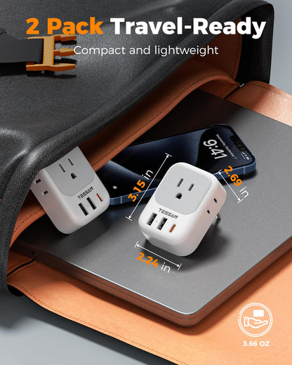 2 Pack European Plug Adapter USB C, TESSAN US to Europe Adapter 4 Outlets 3 USB Charger, Type C International Power Adaptor to Italy Spain France Portugal Iceland Germany, Europe Travel Essentials