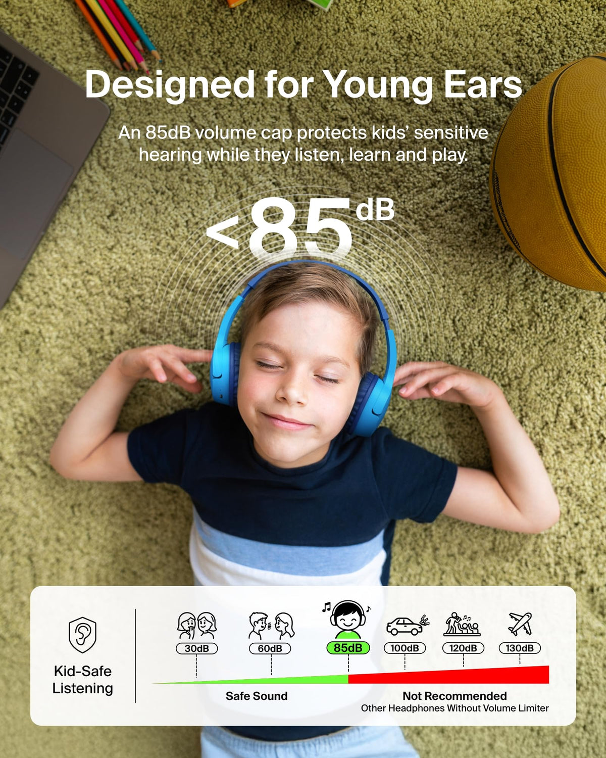 Belkin SoundForm Mini - Wireless Bluetooth Kids Headphones, 30H Battery, 85dB Safe Volume Limit, Built-in Microphone - Toddler On-Ear Earphones for iPhone, iPad - Ideal for School - Blue w/Case