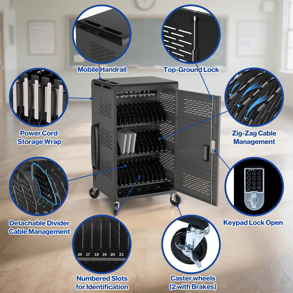 POCHAR 30 Devices Open Laptop Charging Cart for iPads, Tablets - Laptop & Tablet Storage Carts for Classroom, Office - Chromebook Charging Station Cart with Cable Management & Surge Protection