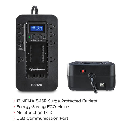 CyberPower EC850LCD Ecologic UPS Battery Backup and Surge Protector, 850VA/510W, 12 Outlets, ECO Mode, Compact, UL Certified