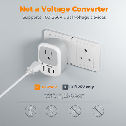 2 Pack European Travel Plug Adapter, TESSAN US to Europe Plug Adapter with 3 USB Ports (1 USB C), Type C Power Outlet for EU International Italy Iceland Spain France Germany