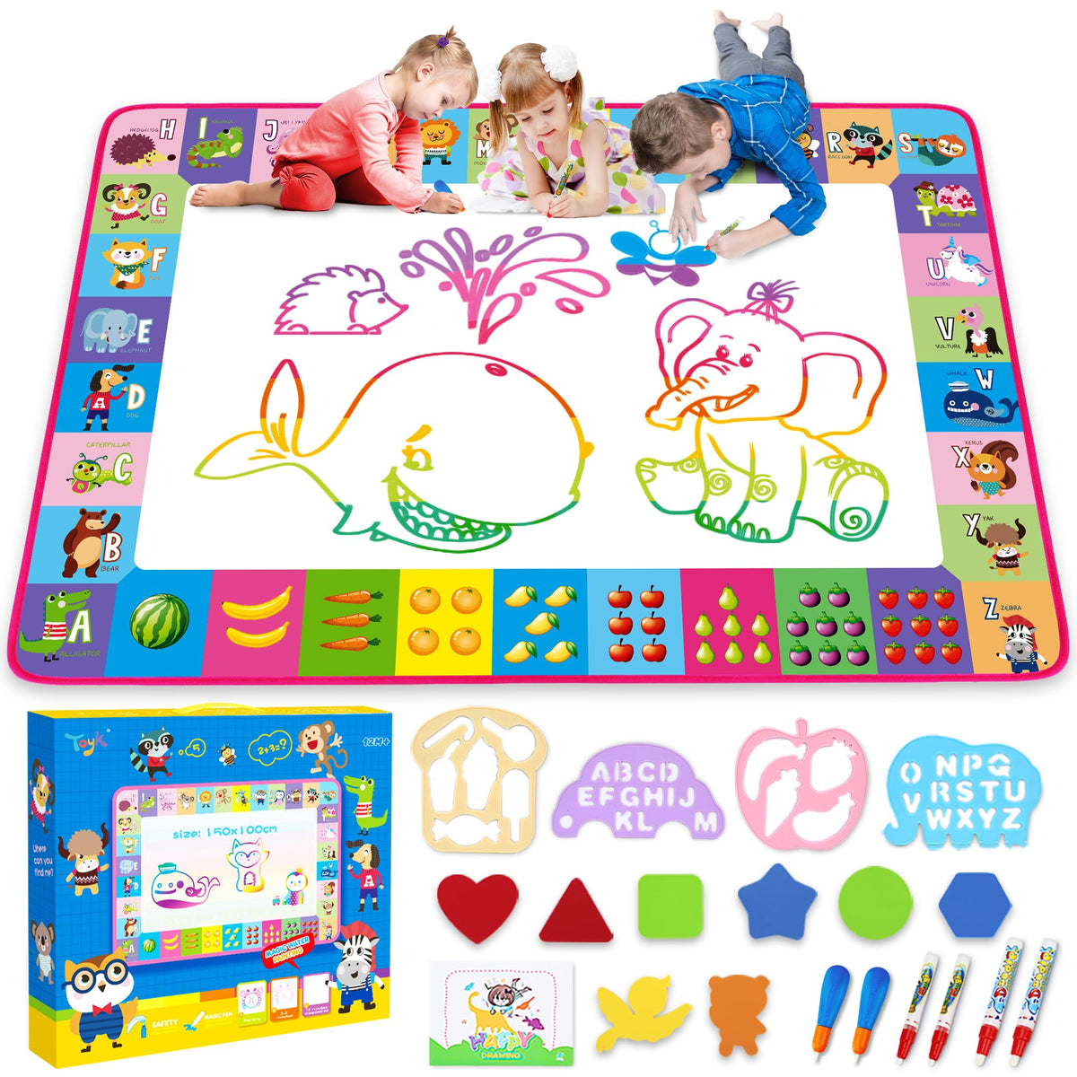 Water Doodle Mat - Kids Painting Writing Color Doodle Drawing Mat Toy Bring Magic Pens Educational Toys for Age 3 4 5 6 7 Year Old Girls Boys Age Toddler Gift