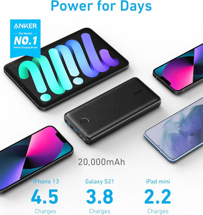 Anker Portable Charger, 325 Power Bank (PowerCore Essential 20K), 20000mAh Battery Pack with 15W Charging, PowerIQ, 2 USB-A, 1 Micro USB, Two-Way USB-C Ports for iPhone Series, AirPods, and More