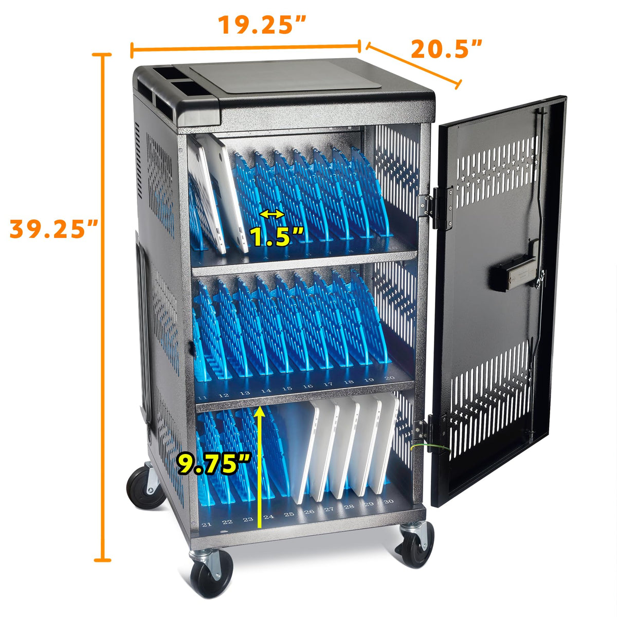 Fully Assembled 30 Bay Mobile Charging and Storage Cart for iPad, Chromebook and Laptop Computer with Keypad Lock,Up to 14-inch Screen Size,Surge Protection,Front & Back Access Locking Cabinet (Black)