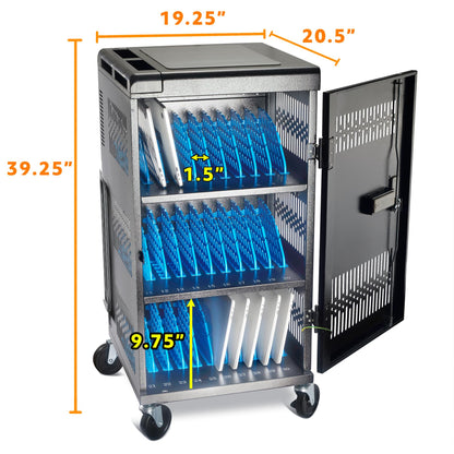 Fully Assembled 30 Bay Mobile Charging and Storage Cart for iPad, Chromebook and Laptop Computer with Keypad Lock,Up to 14-inch Screen Size,Surge Protection,Front & Back Access Locking Cabinet (Black)