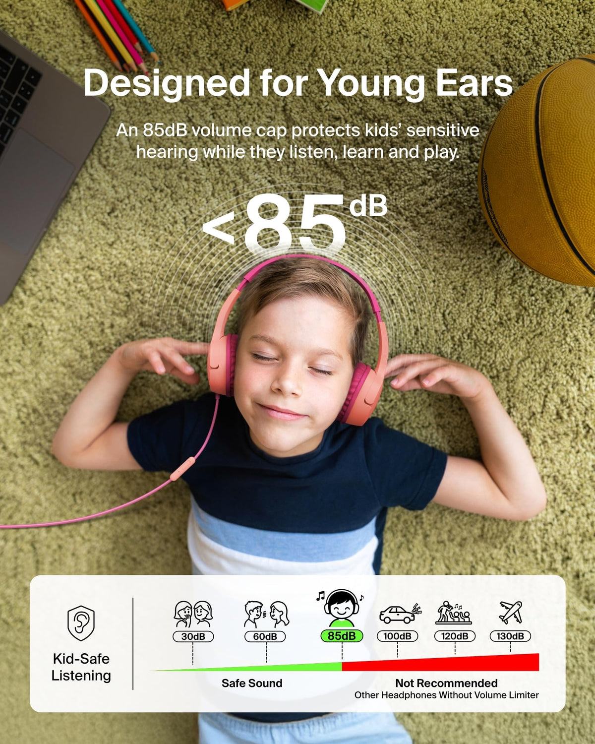 Belkin SoundForm Mini - Wireless Bluetooth Kids Headphones, 30H Battery, 85dB Safe Volume Limit, Built-in Microphone - Toddler On-Ear Earphones for iPhone, iPad - Ideal for School - Blue w/Case