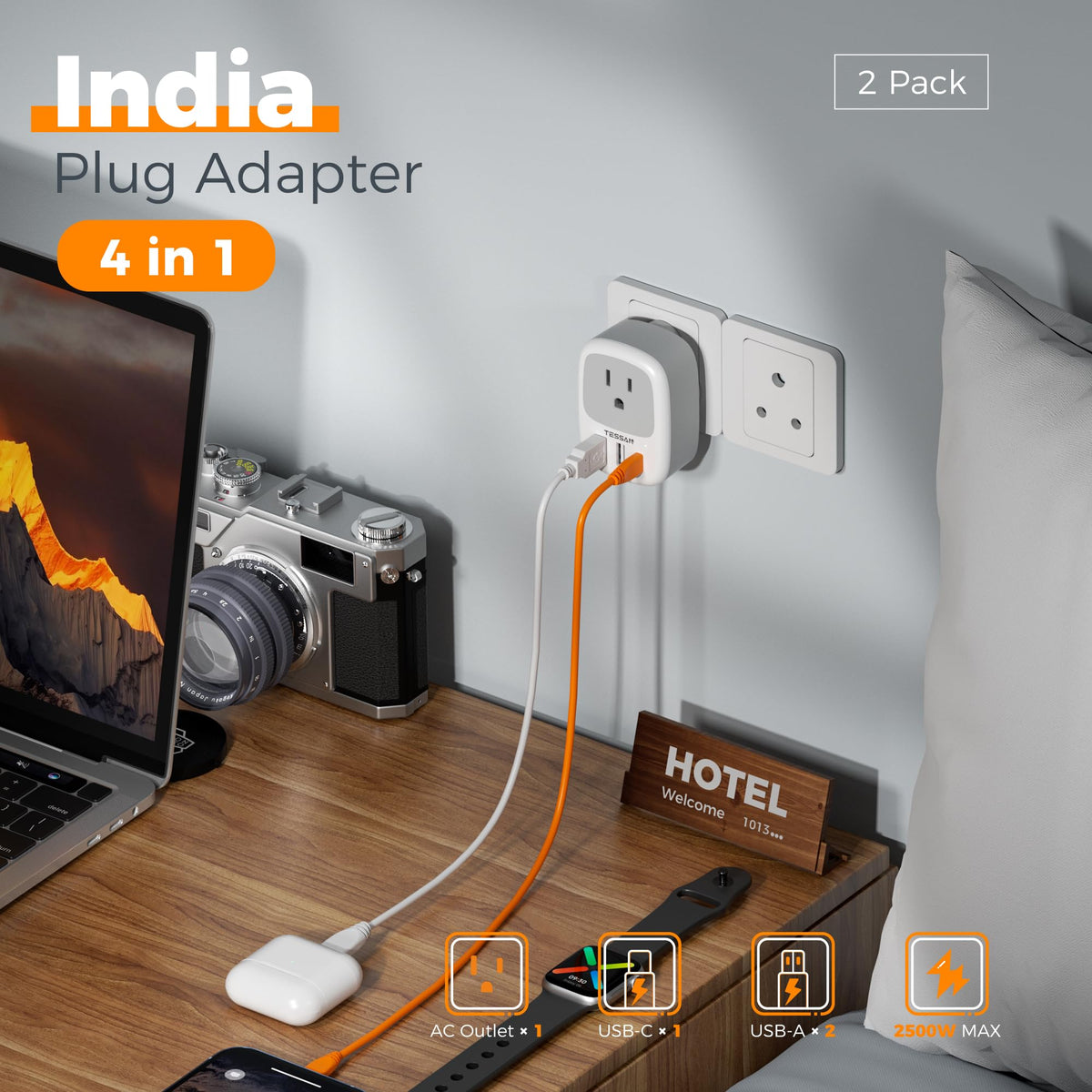 2 Pack European Travel Plug Adapter, TESSAN US to Europe Plug Adapter with 3 USB Ports (1 USB C), Type C Power Outlet for EU International Italy Iceland Spain France Germany