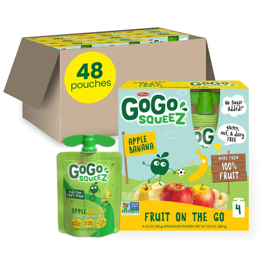 GoGo squeeZ Applesauce and Fruit Puree, Apple Banana, 3.2 oz (Pack of 48), Unsweetened Fruit Snacks for Kids, Gluten Free, Nut Free and Dairy Free, BPA Free Pouches (Packaging May Vary)