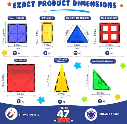 Magnetic Tiles Building Blocks Toy - STEM Educational Magnetic Blocks for Kids, Creativity Preschool Learning Sensory Montessori Toddler Magnetic Toys for Boys & Girls 3+ Years Old - 47PC