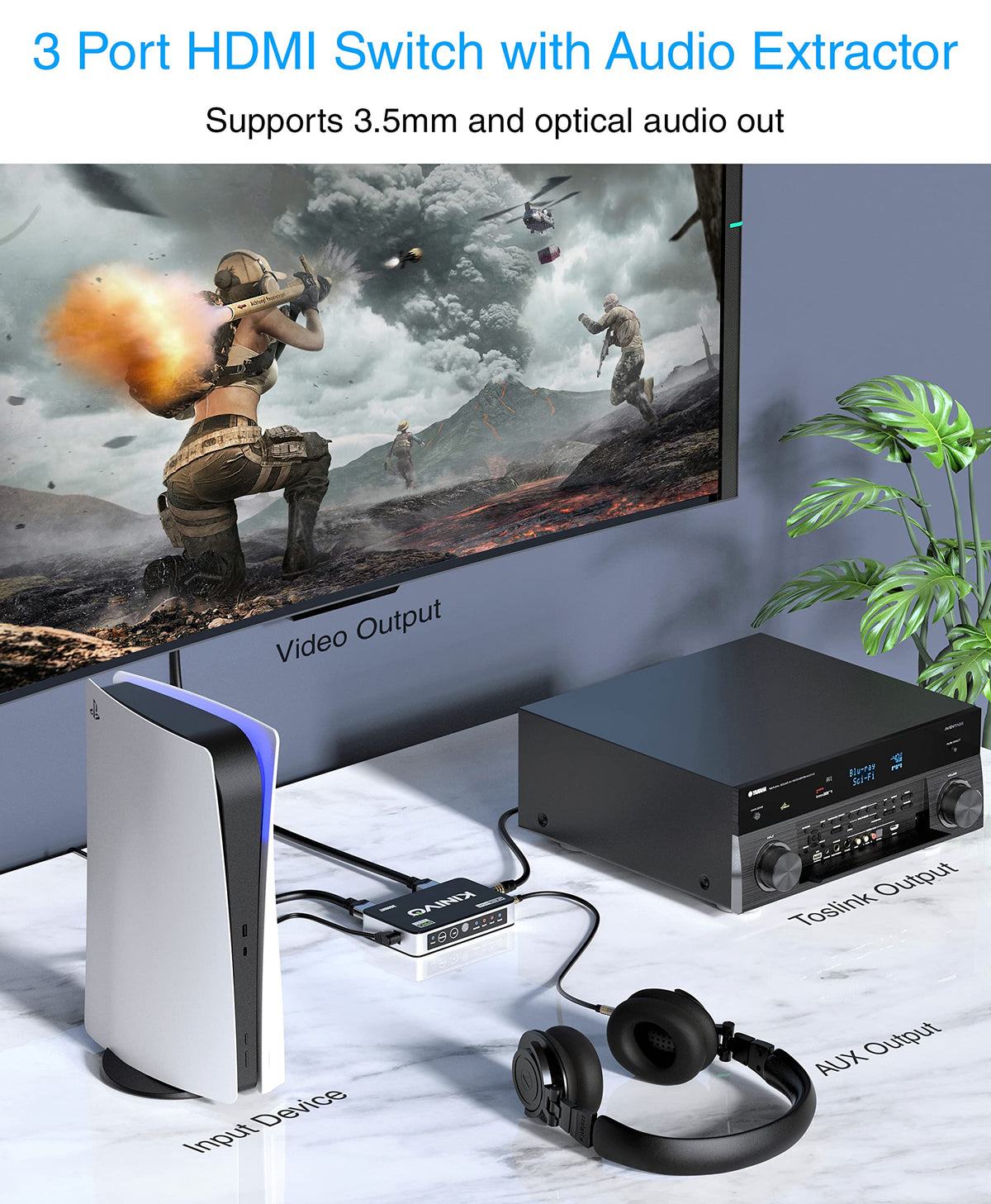 Kinivo HDMI Switch 5 in 1 Out 4K 60Hz (HDR 10, High Speed 18Gbps, IR Remote, HDCP2.2, Dolby Vision, VRR) - 550BN Switcher Compatible with Roku, PS5, Xbox, Apple TV, Nintendo Switch 2, Cable Box