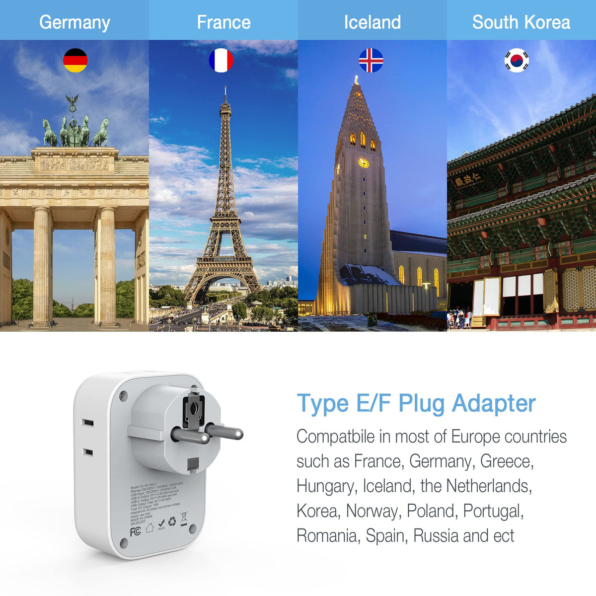 2 Pack European Plug Adapter USB C, TESSAN US to Europe Adapter 4 Outlets 3 USB Charger, Type C International Power Adaptor to Italy Spain France Portugal Iceland Germany, Europe Travel Essentials