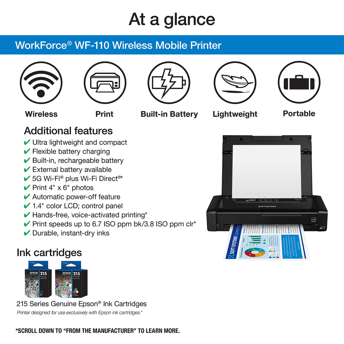 Epson Workforce WF-110 Wireless Color Mobile Printer,White, Small,Black