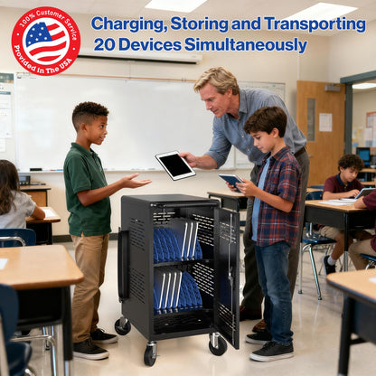 Fully Assembled 20 Devices Laptop Charging Cart - Tablet Storage Cart for Chromebook iPad, Mobile Laptop Charging Station for Classroom Office - Includes Cable Management & Detachable Door, Black