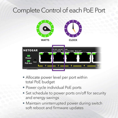 NETGEAR 5 Port PoE Gigabit Ethernet Easy Smart Managed Essentials Switch (GS305EP) - with 4 x PoE+ @ 63W, Desktop or Wall Mount