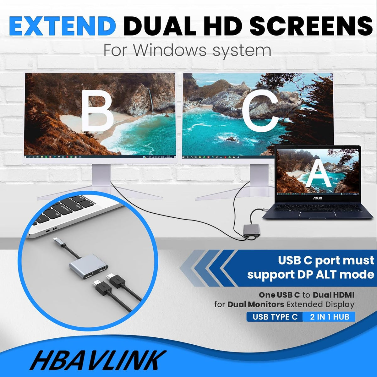 HDMI Splitter Extended Display, USB C to HDMI Dual Monitor Adapter 4K for Laptop(DP Alt Mode Required)