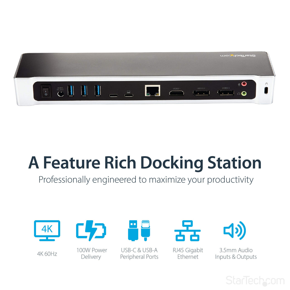 StarTech.com USB-C Triple Monitor Docking Station for MacBook Pro / Air M1 M2 M3 M4 & Windows, Universal 4K HDMI DP Dock, Thunderbolt Compatible, 100W Laptop Charging - TAA, Black, Silver