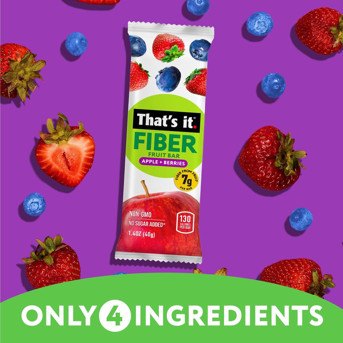 That’s it. High Fiber Fruit Bars Variety Pack (12 Count) – Cinnamon, Pear, Mixed Berries & Cherry, 7g Fiber from Real Fruit, 3-4 Ingredients, No Added Sugar, 130 Calories, Gluten-Free, Top 12 Allergen-Free, Non-GMO