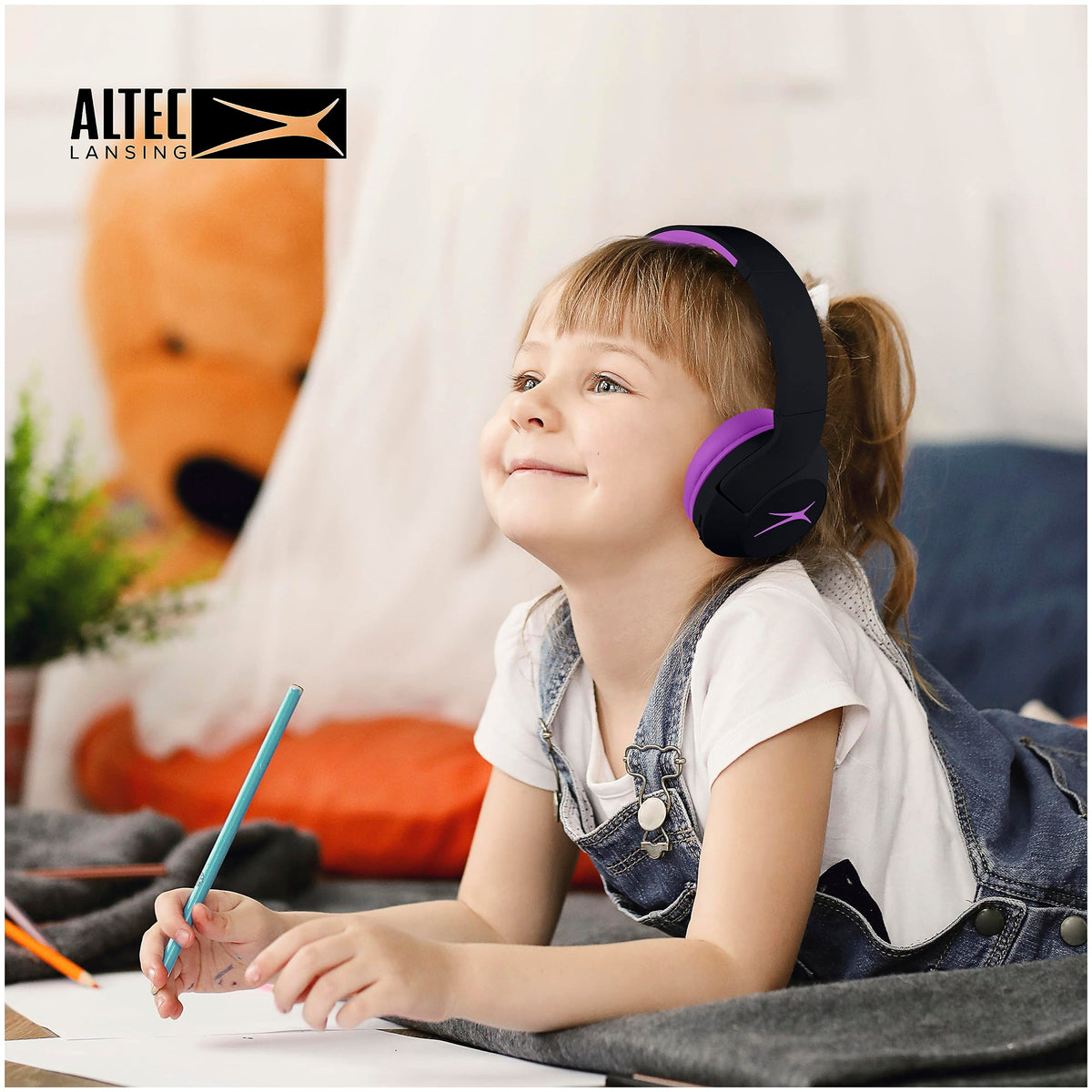 Altec Lansing Kid Safe Noise Cancelling Wireless Headphones 15H Battery, 85dB Volume Limit, Foldable Design Powerful Sound, Active Noise Cancellation Perfect for Kids Ages 7+ (Whiteout Pop Pink)