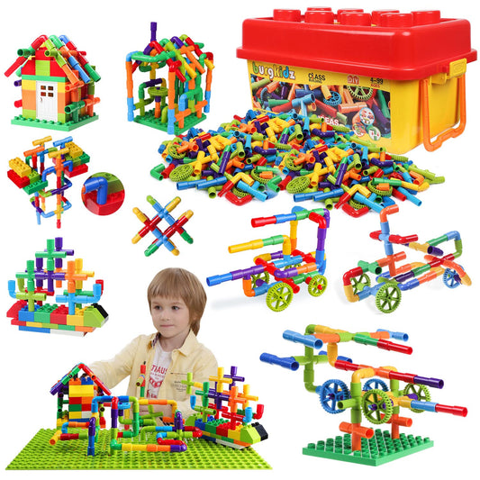 burgkidz STEM Learning Pipe Tube Construction Building Blocks, Sensory Toys with Wheels Baseplate for All Ages Kids Boys Girls, 188 Pcs