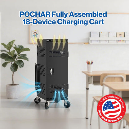 Fully Assembled 18-Device Charging Cart for Chromebook - Locking Laptop Cabinet with Cable Management, Cord Organization, Power Strip - Locks and Stores Tablets up to 14'' and 1.4'' Thick (Black)
