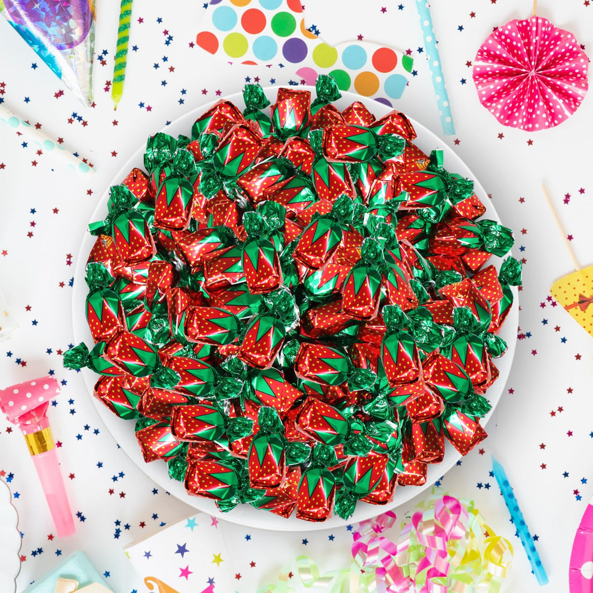 Strawberry Filled Hard Candy Bon Bons 2 lbs Bulk Pack - Individually Wrapped Christmas Fruit-Filled Candy, Classic Strawberry Hard Candy for Holiday Treats, Parties, and Snacks