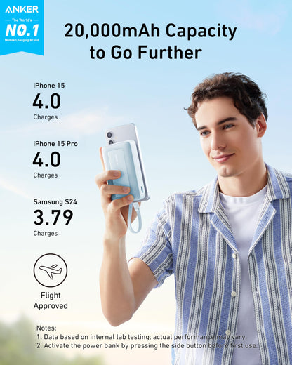 Anker Zolo Power Bank (2025 Upgraded Version), 20,000mAh 30W High-Speed Portable Charger with Built-in USB-C Cable, Battery Pack for iPhone 17/16 / 15 Series, Galaxy, and More