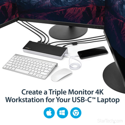 StarTech.com USB-C Triple Monitor Docking Station for MacBook Pro / Air M1 M2 M3 M4 & Windows, Universal 4K HDMI DP Dock, Thunderbolt Compatible, 100W Laptop Charging - TAA, Black, Silver