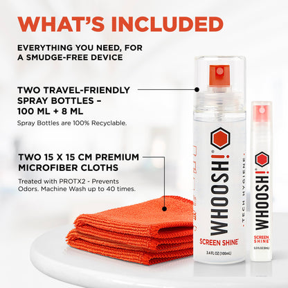 WHOOSH! Screen Shine Duo - Screen Cleaner Spray for iPad, Monitor, Laptop, MacBook - 3.4 oz & 0.3 oz Bottles with 2 Microfiber Cloths - Portable Electronic Cleaning Kit for Travel, Office, and Home