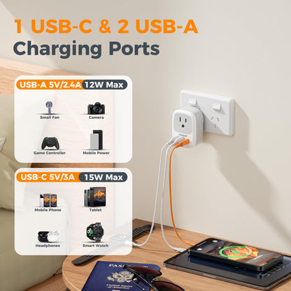 2 Pack European Travel Plug Adapter, TESSAN US to Europe Plug Adapter with 3 USB Ports (1 USB C), Type C Power Outlet for EU International Italy Iceland Spain France Germany