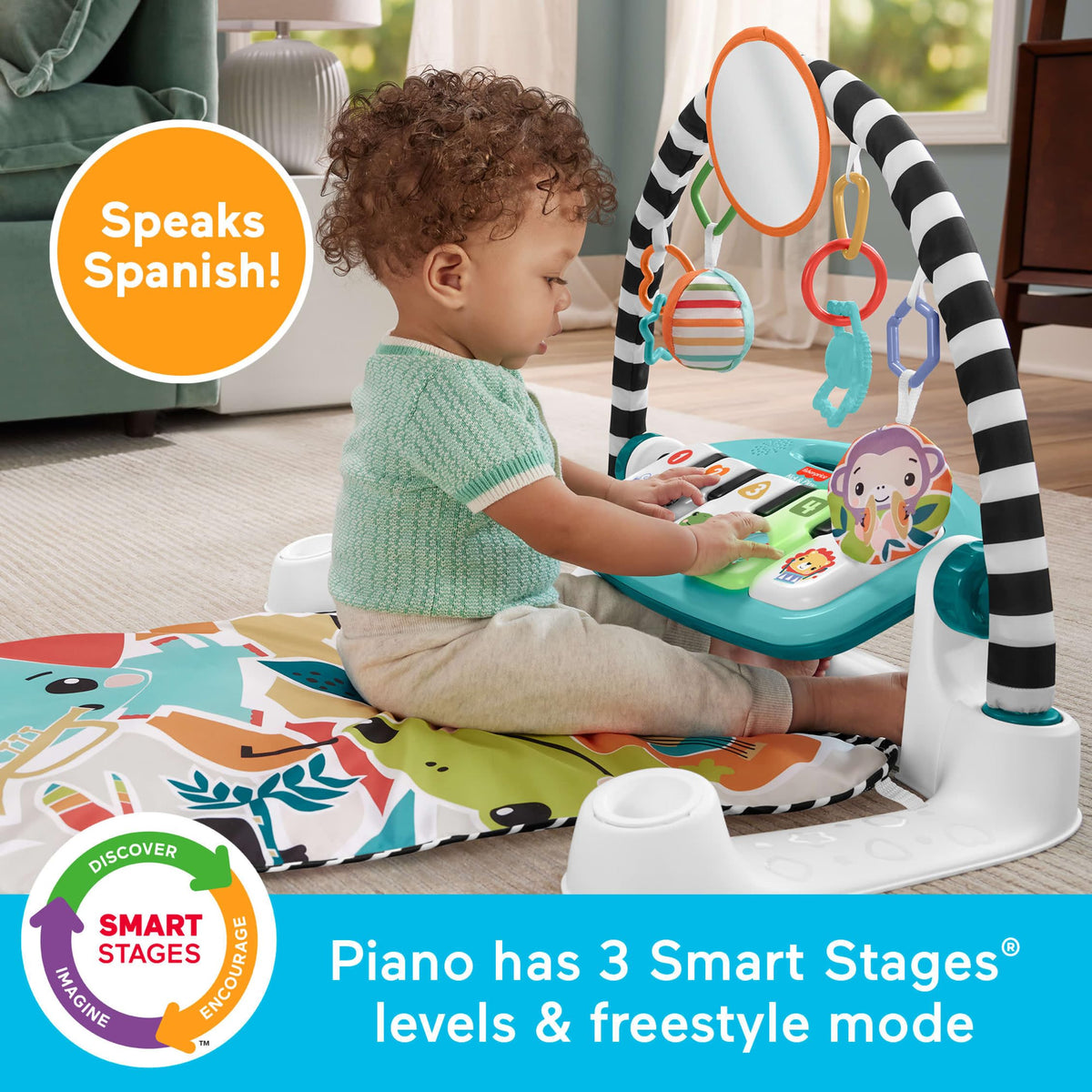 Fisher-Price Baby Playmat Glow and Grow Kick & Play Piano Gym, Blue Musical Learning Toy with Developmental Activities for Newborns 0+ Months