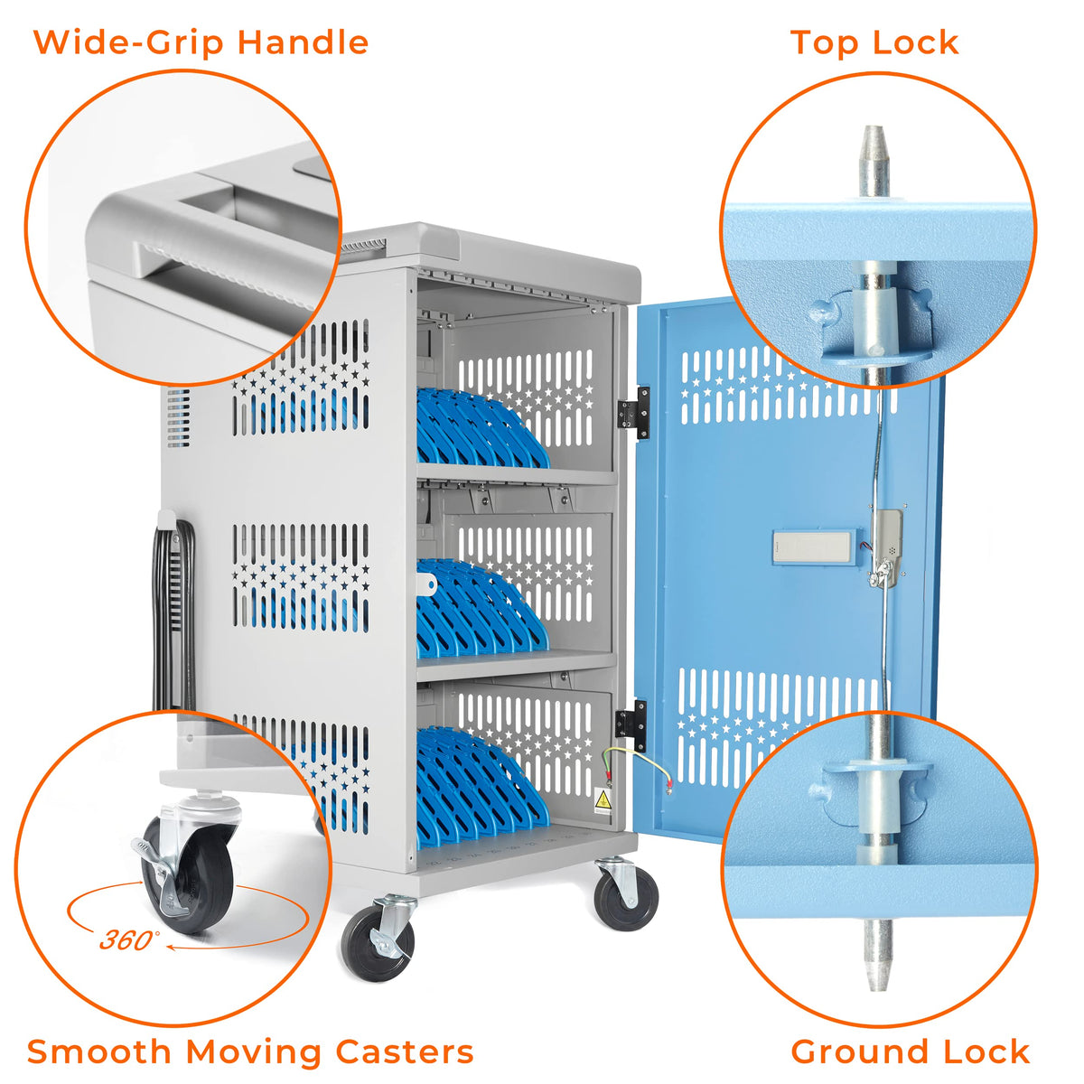 Fully Assembled 30 Bay Mobile Charging and Storage Cart for iPad, Chromebook and Laptop Computer with Keypad Lock,Up to 14-inch Screen Size,Surge Protection,Front & Back Access Locking Cabinet (Black)