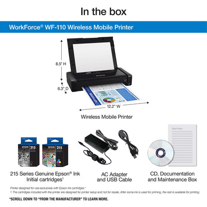 Epson Workforce WF-110 Wireless Color Mobile Printer,White, Small,Black