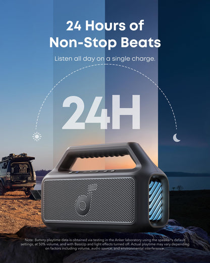 Soundcore Boom 2 By Anker, Outdoor Speaker, 80W, Subwoofer, BassUp 2.0, 24H Playtime, IPX7 Waterproof, Floatable, RGB Lights, USB-C, Custom EQ, Portable for Camping and Beach - Black