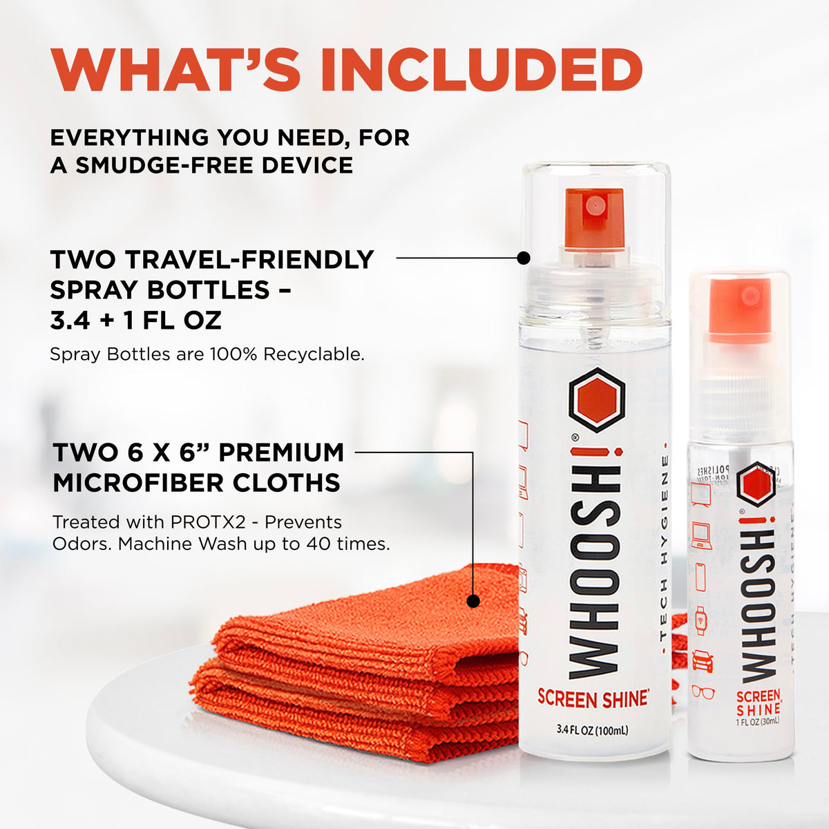 WHOOSH! Screen Shine Duo - Screen Cleaner Spray for iPad, Monitor, Laptop, MacBook - 3.4 oz & 0.3 oz Bottles with 2 Microfiber Cloths - Portable Electronic Cleaning Kit for Travel, Office, and Home