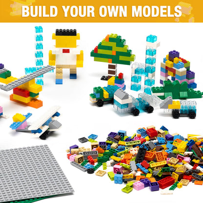 MANNIDOO 1600 Pieces Building Bricks, Building Bulk Block with 2 Packs 24x24 Studs Sticky Plate and 46PCS Wheel Accessory - Compatible with All Major Bricks, Gfits for Kid - 18 Shape/16 Colo