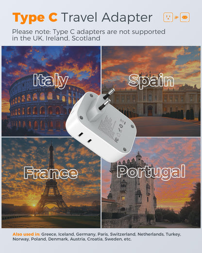 2 Pack European Plug Adapter USB C, TESSAN US to Europe Adapter 4 Outlets 3 USB Charger, Type C International Power Adaptor to Italy Spain France Portugal Iceland Germany, Europe Travel Essentials