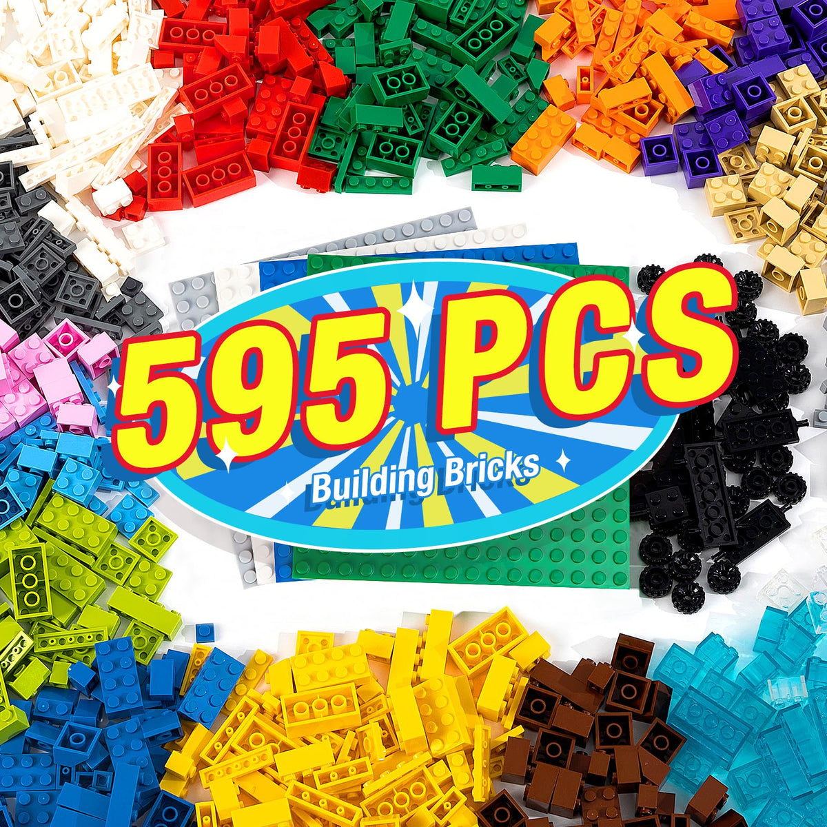 MANNIDOO 1600 Pieces Building Bricks, Building Bulk Block with 2 Packs 24x24 Studs Sticky Plate and 46PCS Wheel Accessory - Compatible with All Major Bricks, Gfits for Kid - 18 Shape/16 Colo