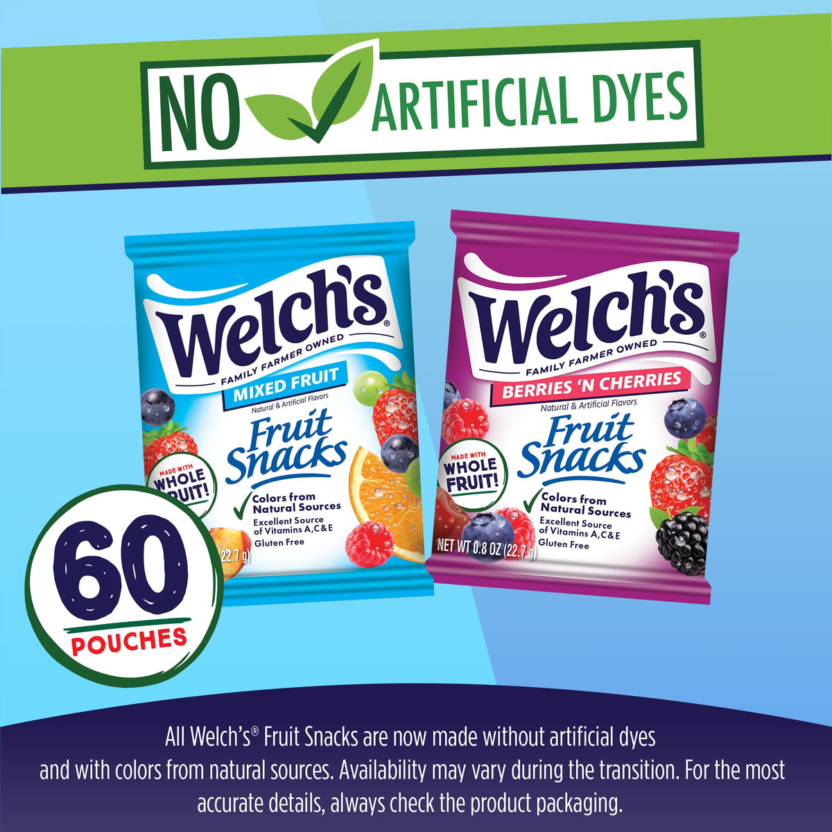 Welch's Fruit Snacks, Mixed Fruit & Berries 'N Cherries Snack Box, Gluten Free, 0.8oz Snack Packs (Pack of 60)